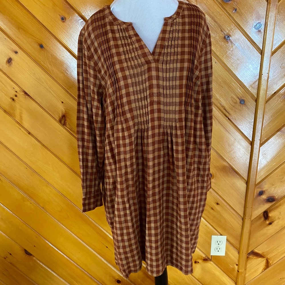 Sonoma Plaid Dress Long Sleeve Button Neck Women's Petite Large Pockets Flannel